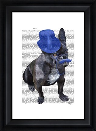 Framed French Bulldog With Blue Top Hat and Moustache Print