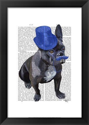 Framed French Bulldog With Blue Top Hat and Moustache Print