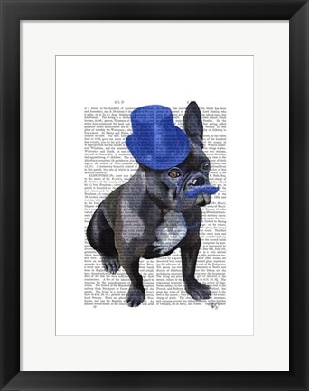 Framed French Bulldog With Blue Top Hat and Moustache Print