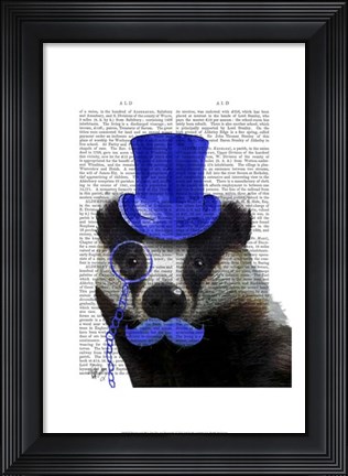 Framed Badger with Blue Top Hat and Moustache Print