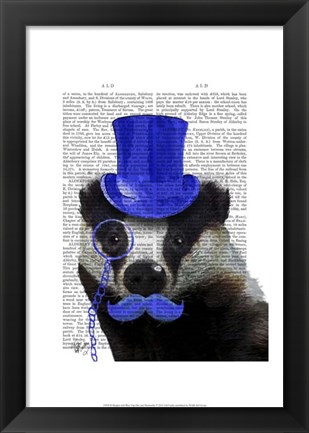 Framed Badger with Blue Top Hat and Moustache Print