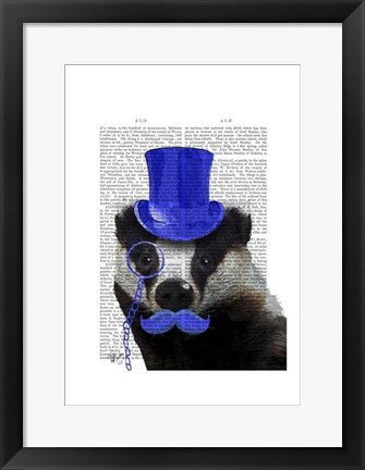 Framed Badger with Blue Top Hat and Moustache Print