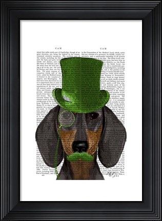 Framed Dachshund with Green Top Hat Black Tan Print