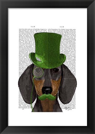 Framed Dachshund with Green Top Hat Black Tan Print