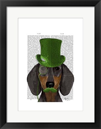 Framed Dachshund with Green Top Hat Black Tan Print