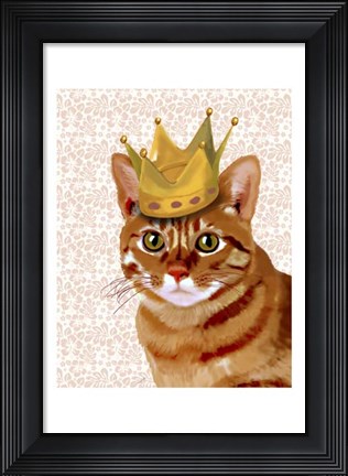 Framed Ginger Cat with Crown Portrait Print