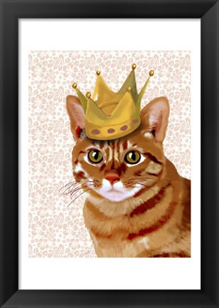 Framed Ginger Cat with Crown Portrait Print