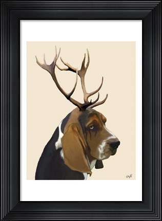 Framed Basset Hound and Antlers II Print