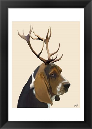 Framed Basset Hound and Antlers II Print