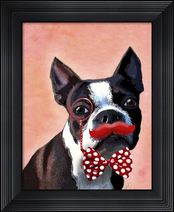 Framed Boston Terrier Portrait with Red Bow Tie and Moustache Print