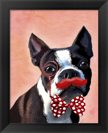 Framed Boston Terrier Portrait with Red Bow Tie and Moustache Print