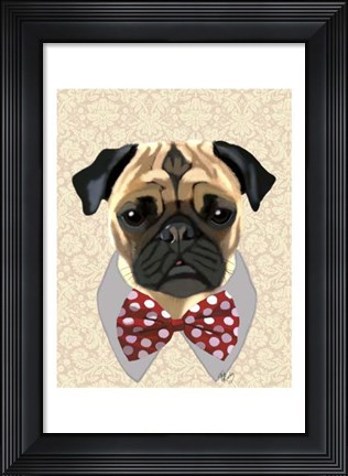 Framed Pug with Red and White Spotty Bow Tie Print