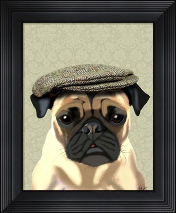 Framed Pug in Flat Cap Print