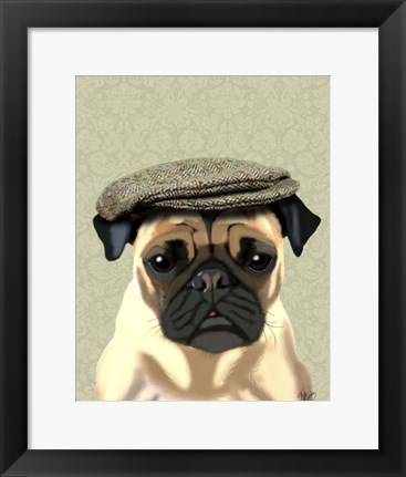 Framed Pug in Flat Cap Print