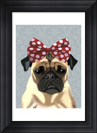 Framed Pug with Red Spotty Bow On Head Print