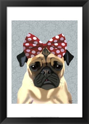Framed Pug with Red Spotty Bow On Head Print