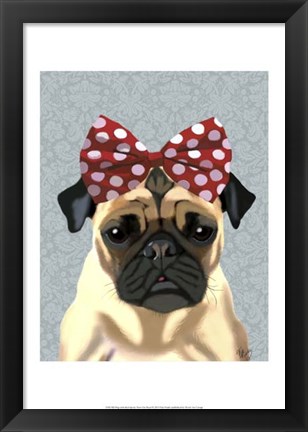 Framed Pug with Red Spotty Bow On Head Print