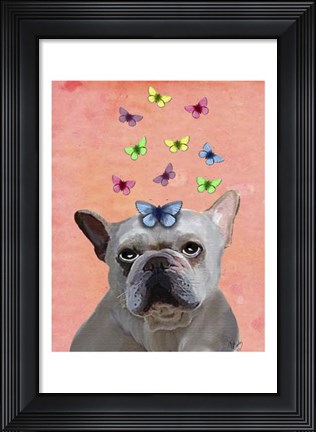 Framed White French Bulldog and Butterflies Print