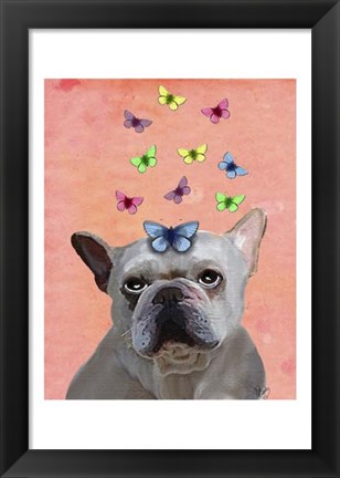 Framed White French Bulldog and Butterflies Print