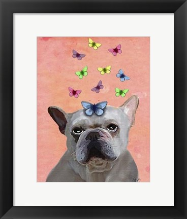 Framed White French Bulldog and Butterflies Print