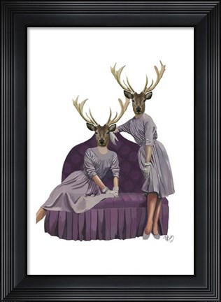 Framed Deer Twins in Purple Dresses Print