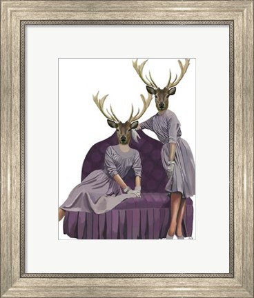 Framed Deer Twins in Purple Dresses Print