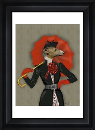 Framed Elegant Greyhound and Red Umbrella Print