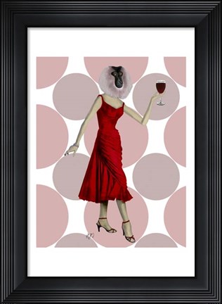 Framed Monkey in Red Dress with wine Print