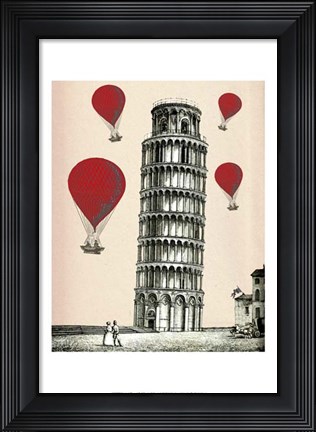 Framed Tower of Pisa and Red Hot Air Balloons Print