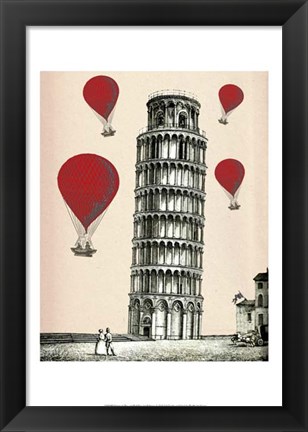 Framed Tower of Pisa and Red Hot Air Balloons Print