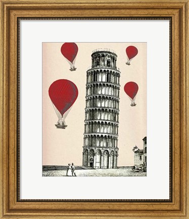 Framed Tower of Pisa and Red Hot Air Balloons Print