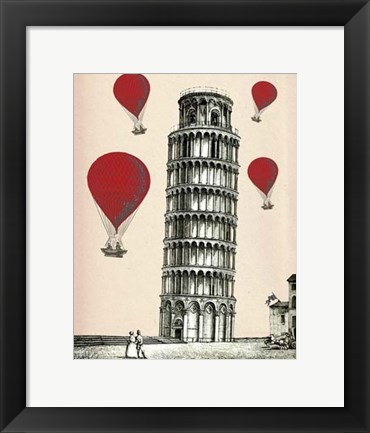 Framed Tower of Pisa and Red Hot Air Balloons Print