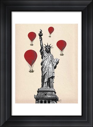 Framed Statue Of Liberty and Red Hot Air Balloons Print