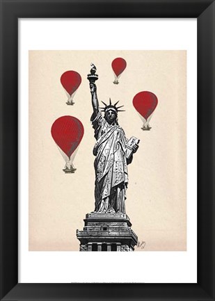 Framed Statue Of Liberty and Red Hot Air Balloons Print