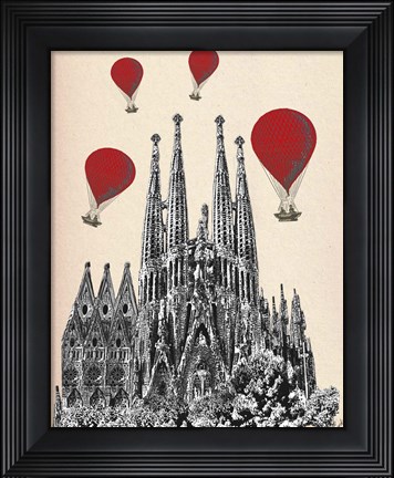 Framed Sagrada Familia and Red Hot Air Balloons Print