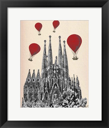 Framed Sagrada Familia and Red Hot Air Balloons Print