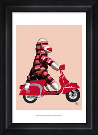 Framed Sock Monkey on Red Moped Print