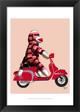 Framed Sock Monkey on Red Moped Print