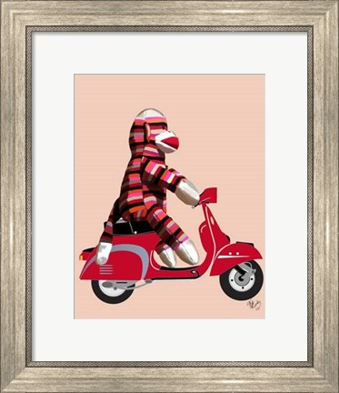 Framed Sock Monkey on Red Moped Print