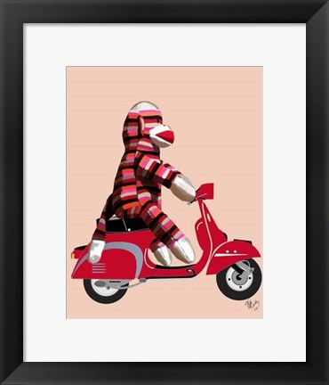 Framed Sock Monkey on Red Moped Print