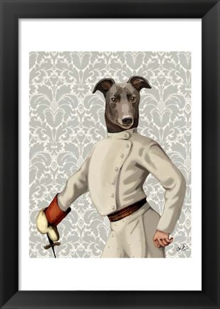 Framed Greyhound Fencer in Cream Portrait Print