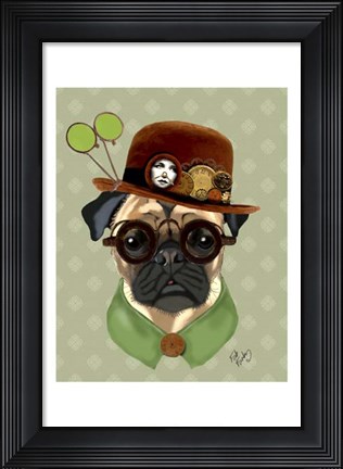 Framed Pug With Steampunk Bowler Hat Print