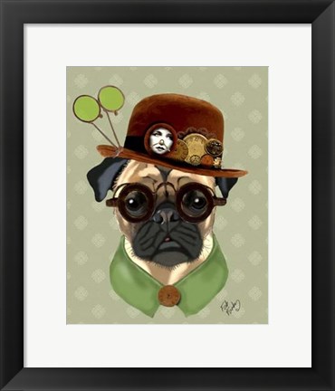 Framed Pug With Steampunk Bowler Hat Print