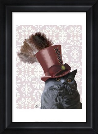 Framed Grey Cat With Steampunk Top Hat Print