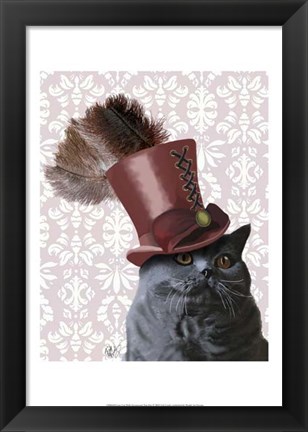 Framed Grey Cat With Steampunk Top Hat Print