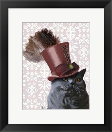 Framed Grey Cat With Steampunk Top Hat Print