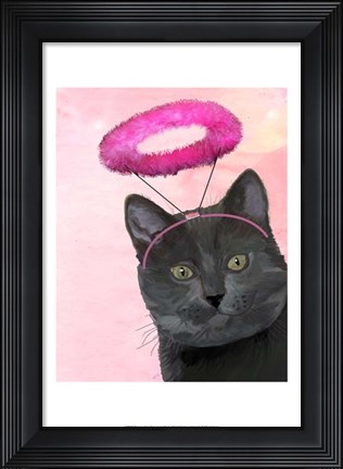 Framed Black Cat With Pink Angel Halo Print