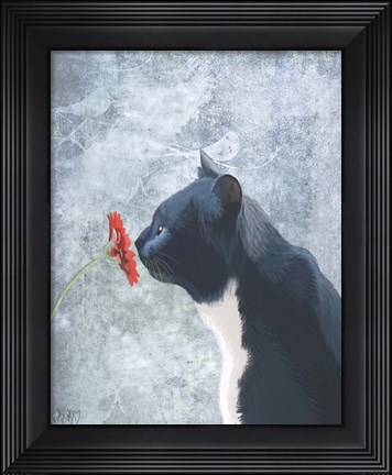 Framed Black Cat Sniffing Flower Print