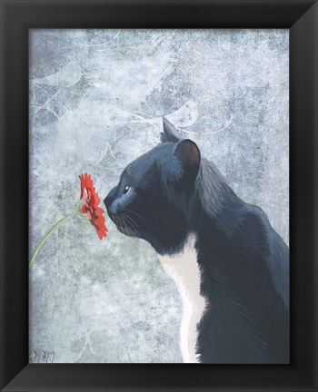 Framed Black Cat Sniffing Flower Print