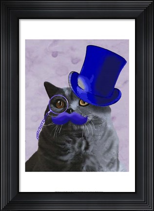 Framed Grey Cat With Blue Top Hat and Moustache Print